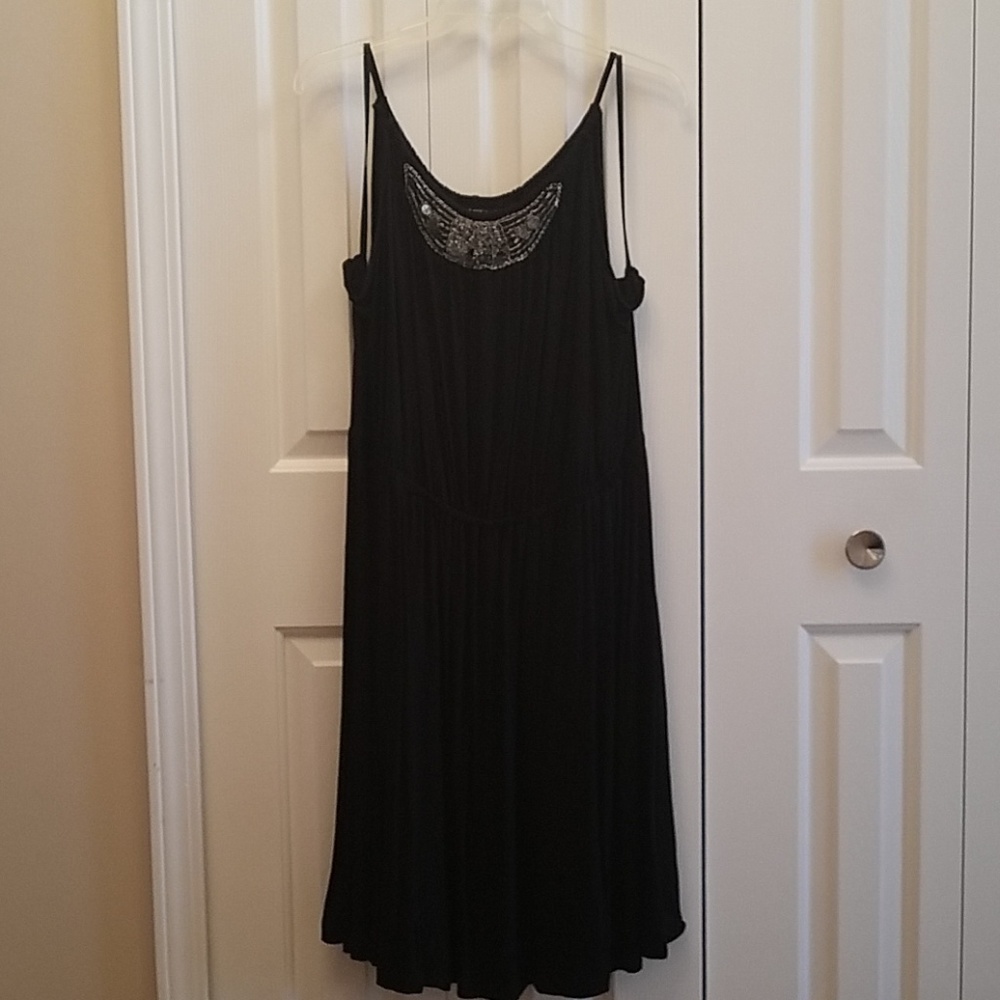 Black Cotton Dress w/ Beaded Neckline.